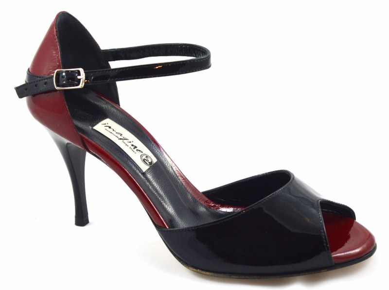 Γυναικείο παπούτσι tango peep toe από μαύρο και μπορντό λουστρίνι