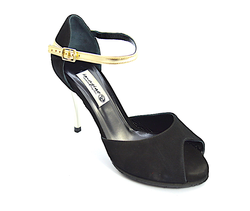 Γυναικείο παπούτσι tango peep toe από μαύρο σουέτ και χρυσό δέρμα