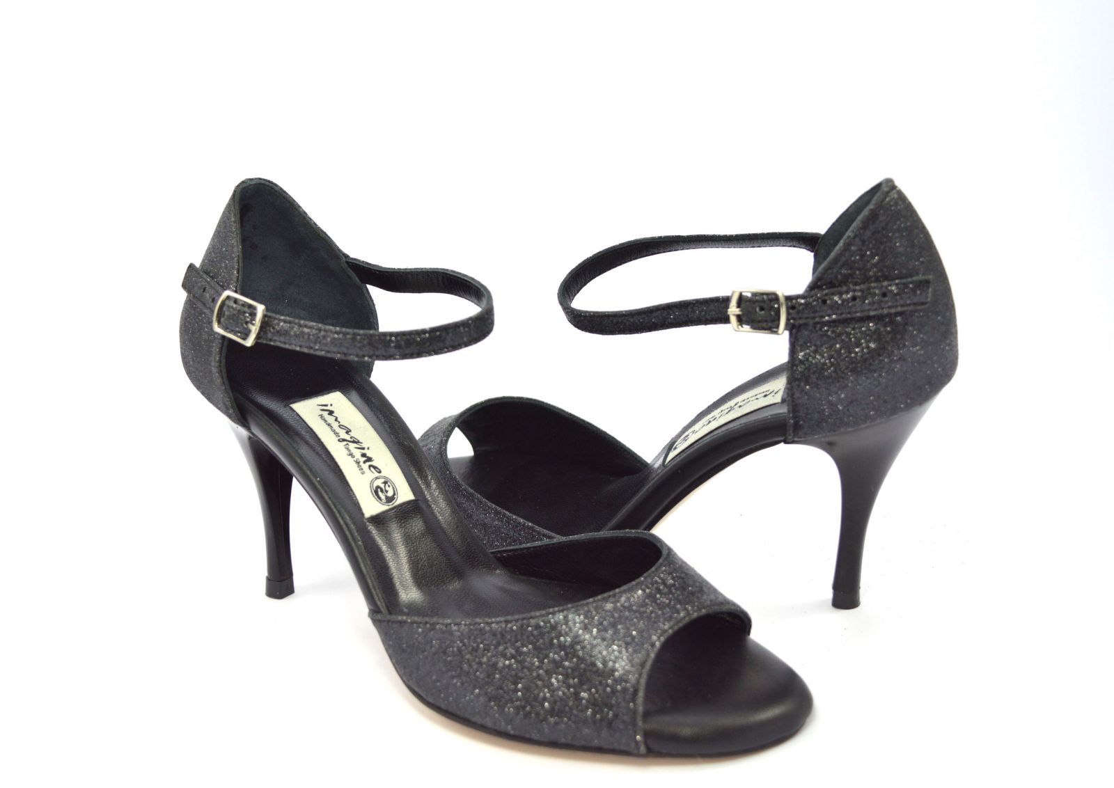 Γυναικείο παπούτσι open toe από μαύρο glitter και δέρμα με τακούνι 8,5εκ