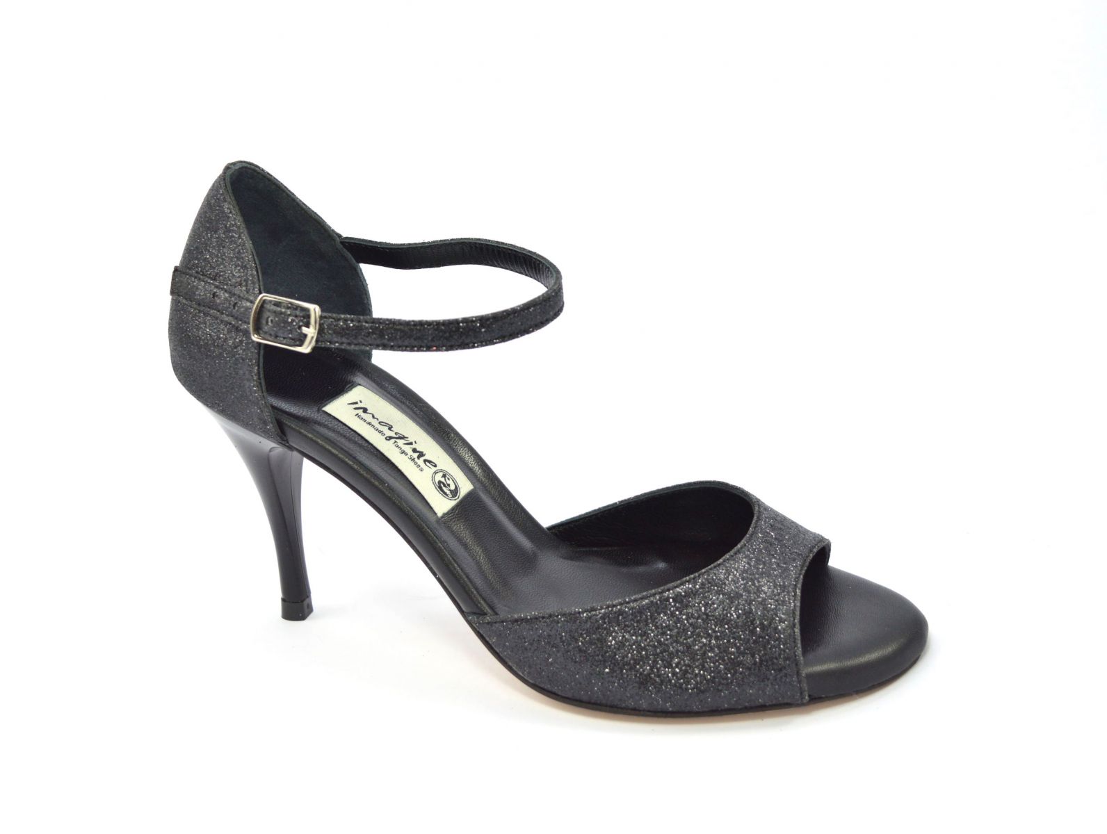 Γυναικείο παπούτσι open toe από μαύρο glitter και δέρμα με τακούνι 8,5εκ