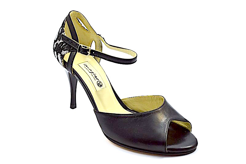 Γυναικείο παπούτσι tango peep toe από μαύρο δέρμα και δαντέλα