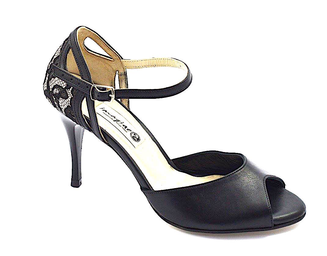 Γυναικείο παπούτσι tango peep toe από μαύρο δέρμα και δαντέλα