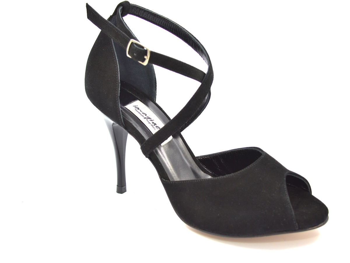 Γυναικείο παπούτσι tango peep toe από μαύρο δέρμα σουέντ