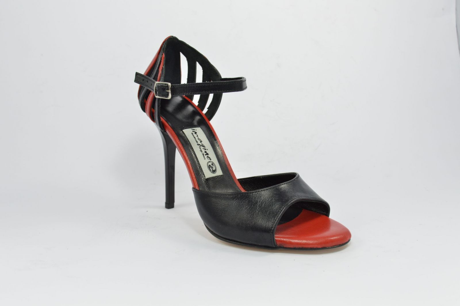 omen's tango shoe, open toe, with black and red soft leather