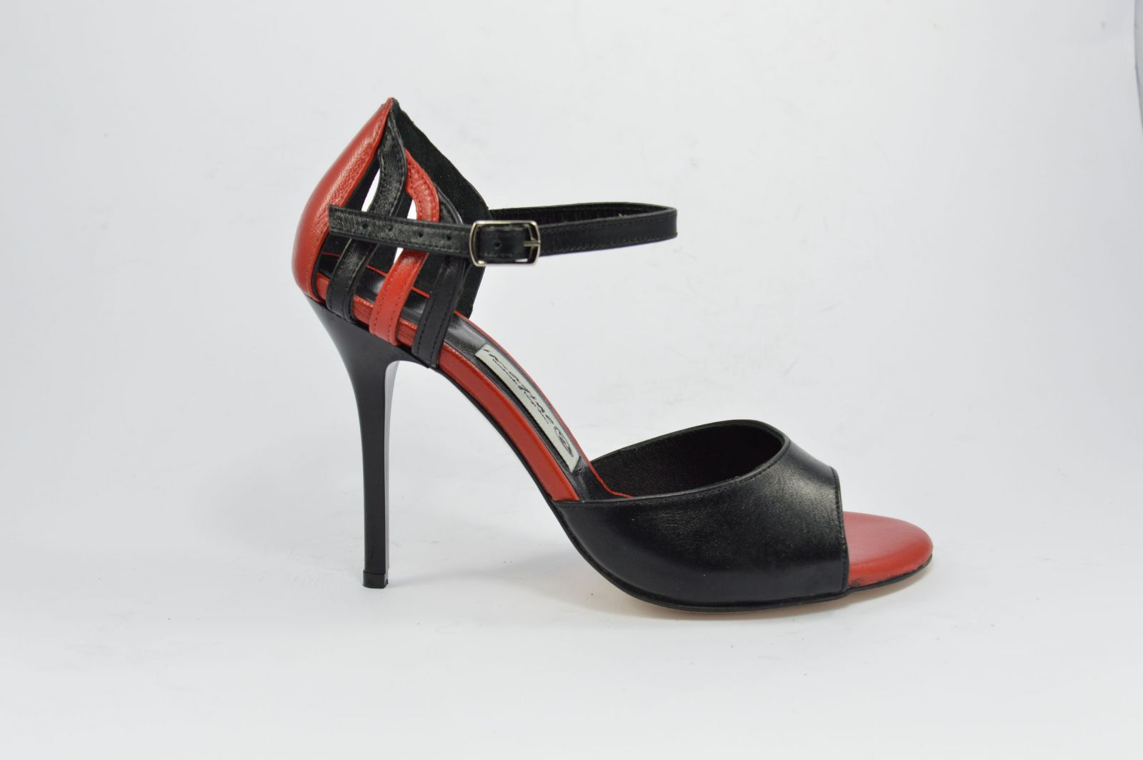omen's tango shoe, open toe, with black and red soft leather