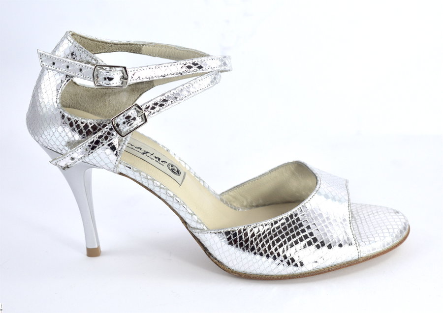 women Tango Shoe , open toe style, silver soft snake leather and double straps