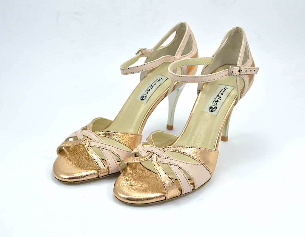Women's Tango Shoe, open toe style, in nude and rose gold soft leather