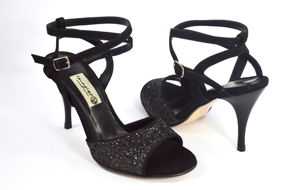 Γυναικείο παπούτσι tango open heel από μαύρο δέρμα και glitter