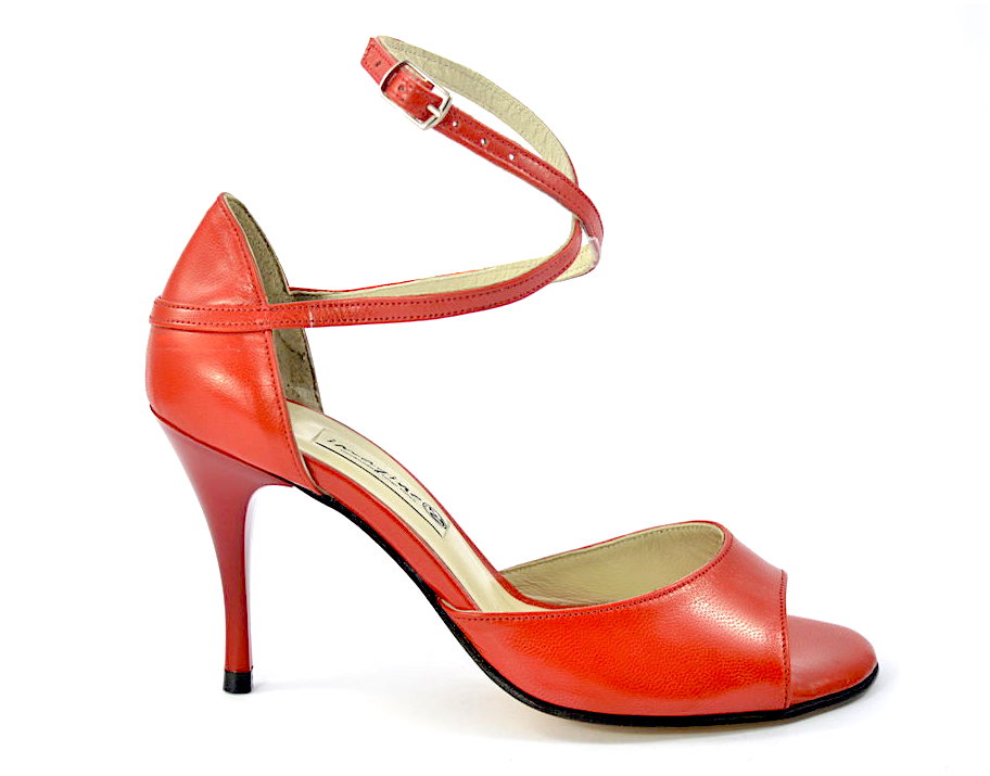 Women's Tango Shoe, open toe style, by soft red leather