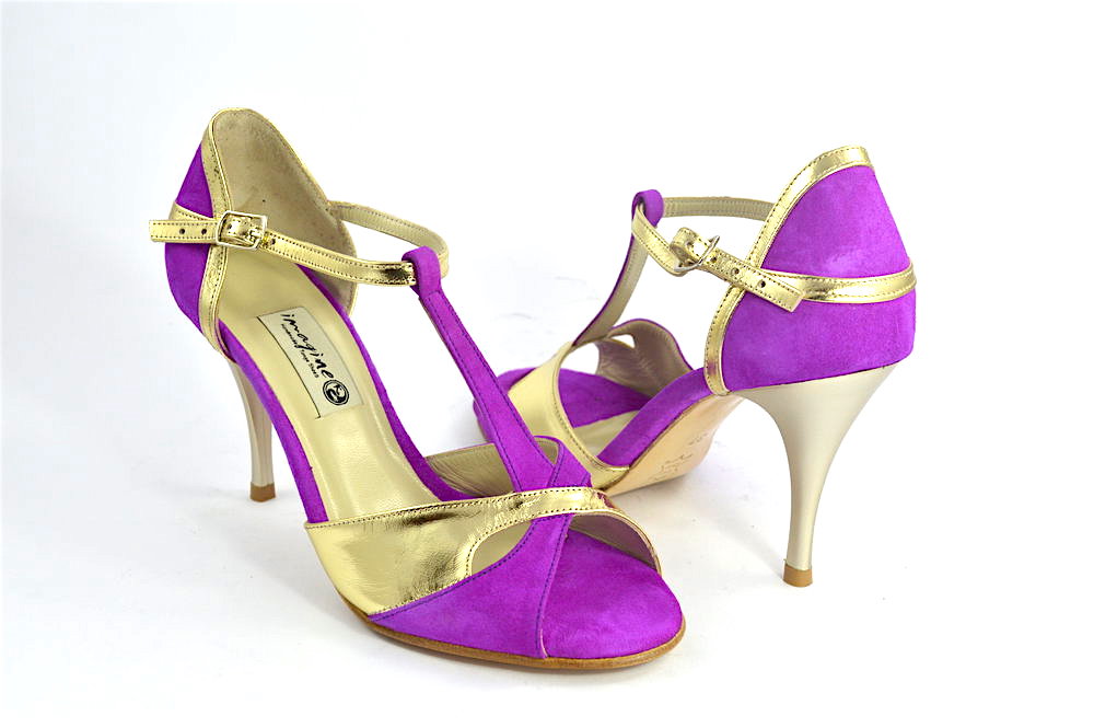 Women's Tango Shoe, peep toe by gold and fuchsia suede leather