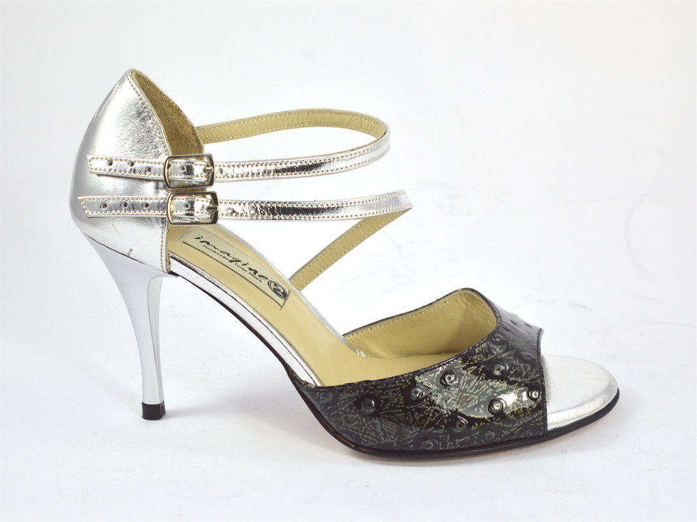 Women Argentine Tango Shoe, open toe style, with double strap, by silver leather and black-khaki patent leather