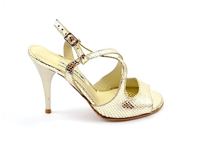 Women's Argentine Tango Dance Shoes, slingback, in gold snake leather