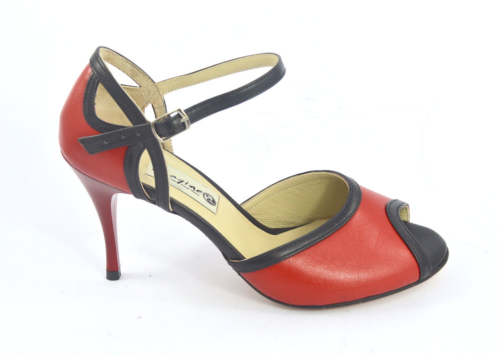 Women Argentine Tango Dance Shoes, peep toe, in red and black leather