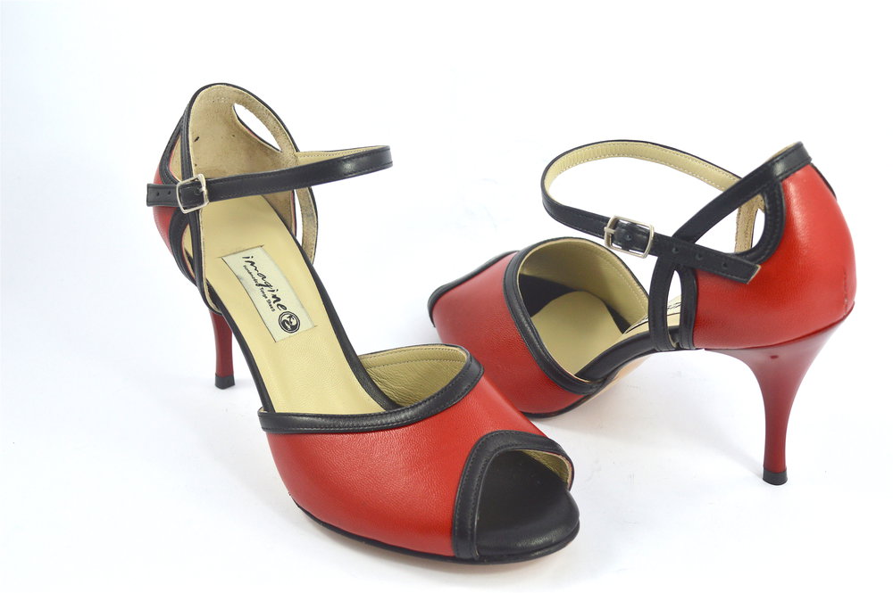 Women Argentine Tango Dance Shoes, peep toe, in red and black leather
