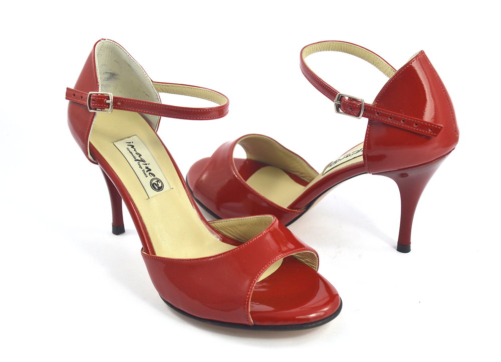 Women Argentine Tango Dance Shoes, open toe style, in red patent leather