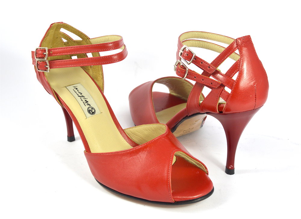 Women Argentine Tango Dance Shoes, peep toe style, in red soft leather