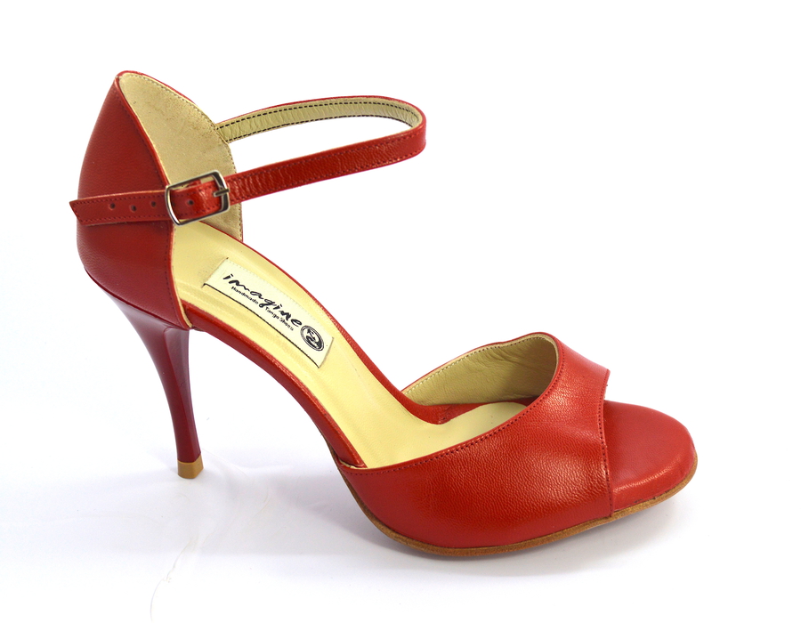 Women Argentine tango dance shoes, open toe style, in soft red leather