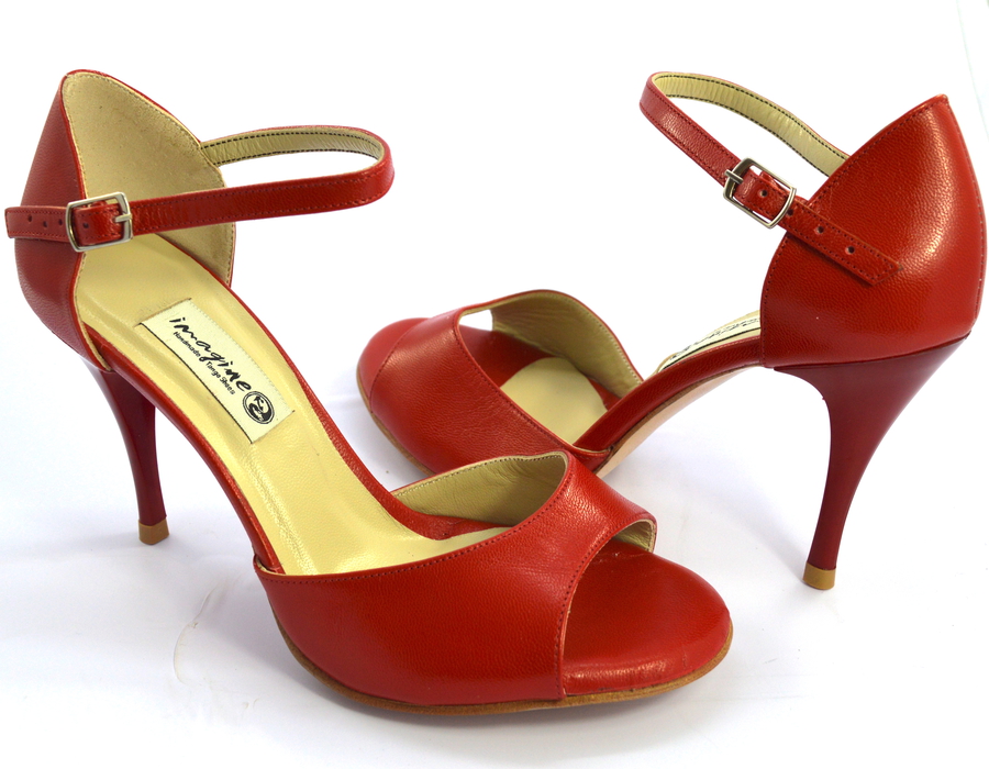 Women Argentine tango dance shoes, open toe style, in soft red leather