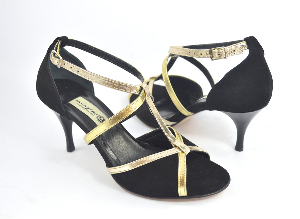 Women's Tango Shoe,  peep toe style, with gold and black suede leather