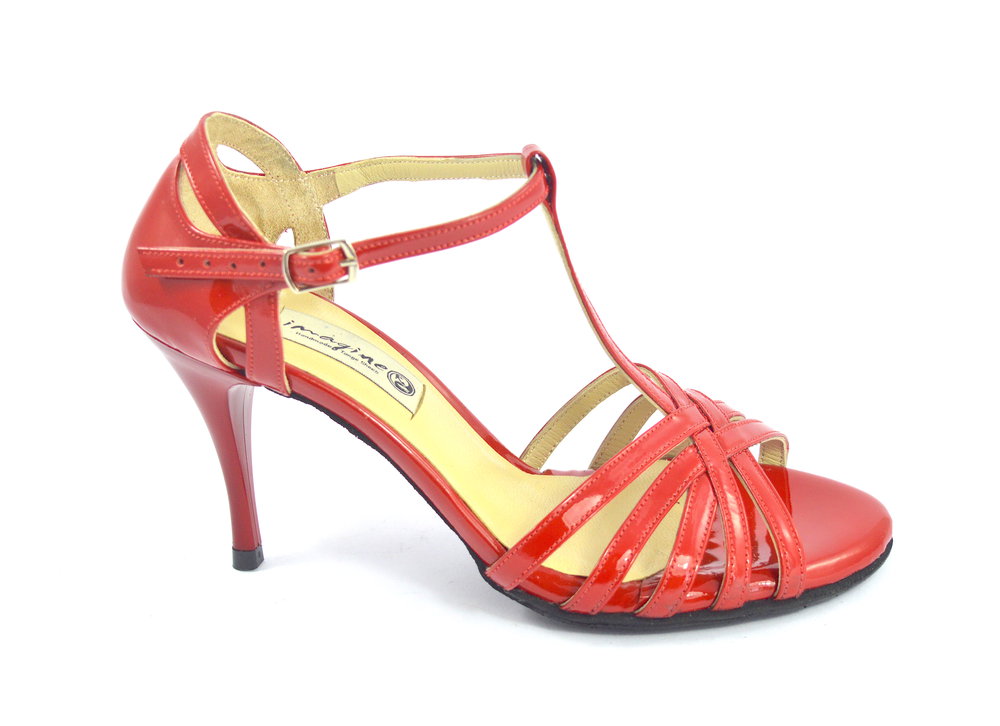 Women's Tango Shoe, open toe style, with red patent leather