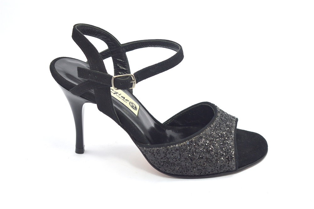 Γυναικείο παπούτσι tango open heel από μαύρο δέρμα και glitter