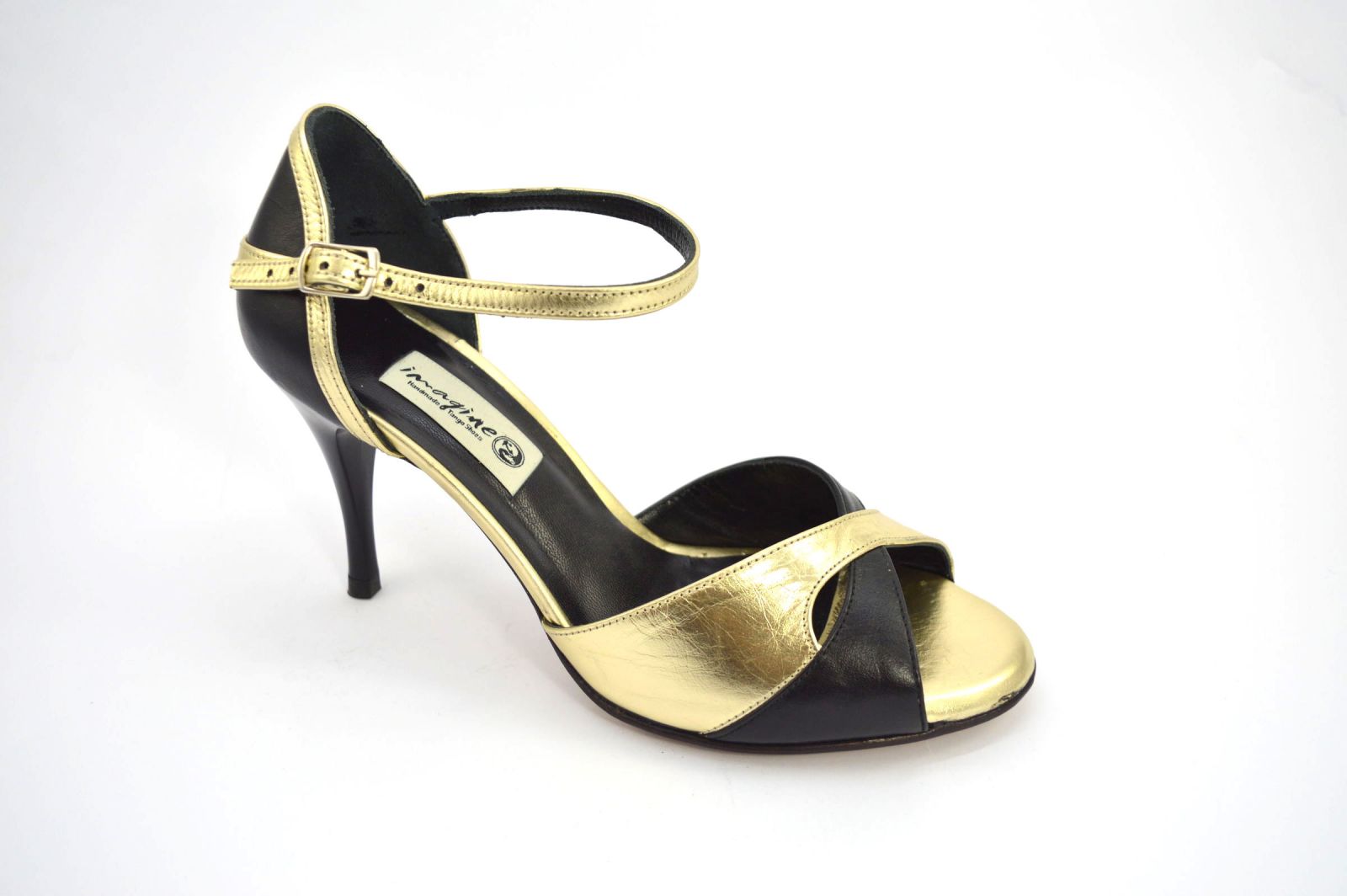 Γυναικείο παπούτσι χορού αργεντίνικου tango peep toe από μαύρο και χρυσό μαλακό δέρμα