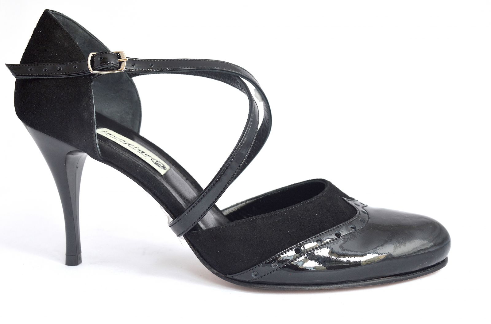 Women Argentine Tango Dance Shoes, closed toe style, in combination of black patent leather and black suede