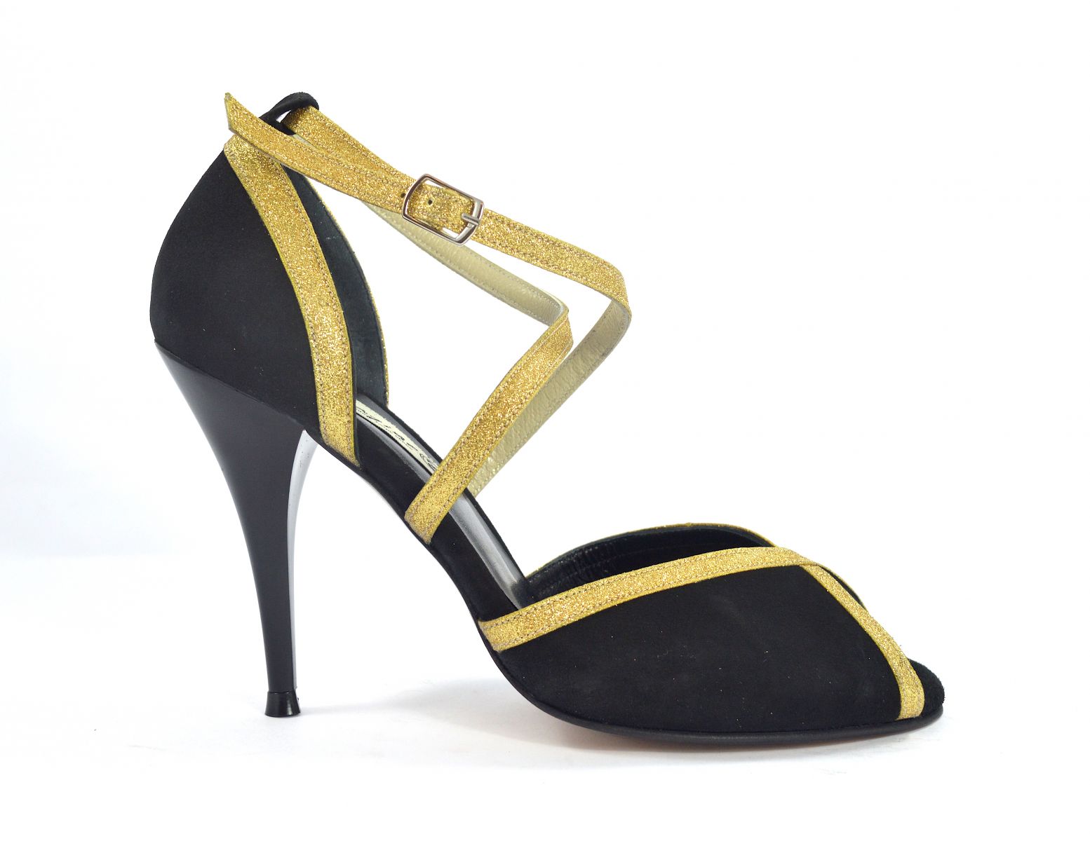 Women's Tango Shoe, peep toe style, by black suede and gold glitter