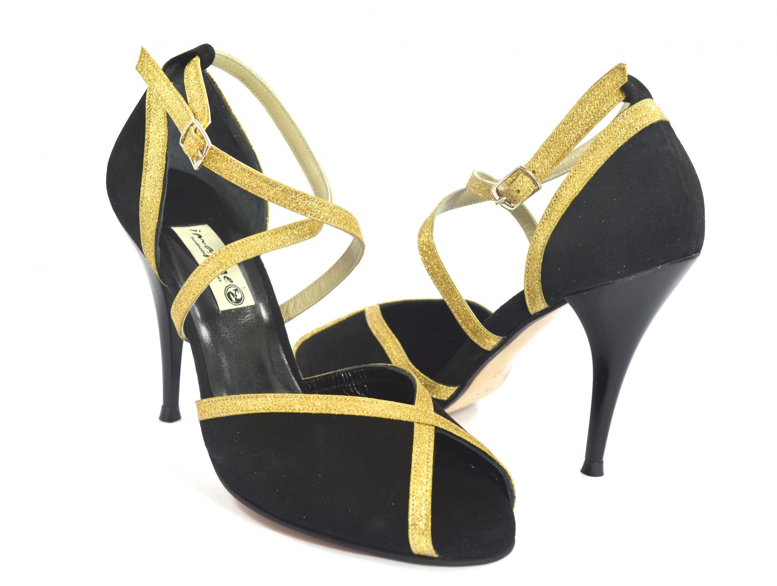 Women's Tango Shoe, peep toe style, by black suede and gold glitter