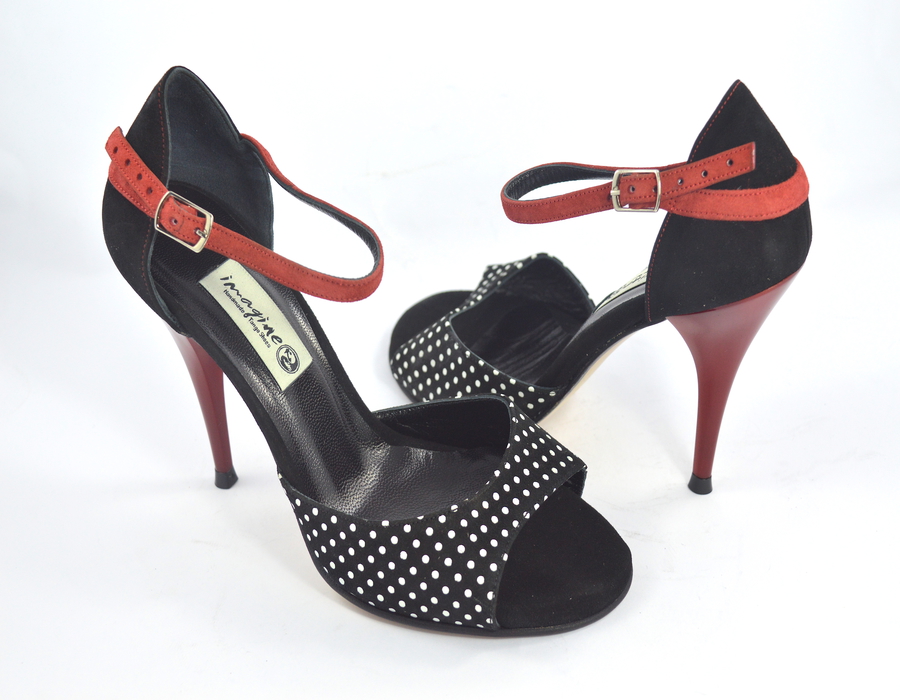 Women's Tango Shoe, with white polka dots and black-red suede leather.