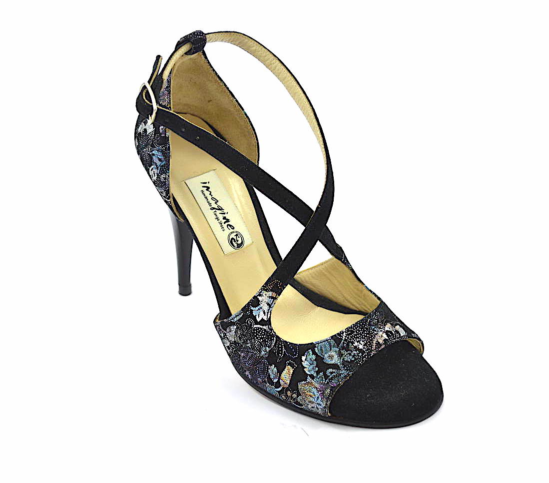 Women's Tango Shoe, open toe style, with floral black suede and black suecde leather