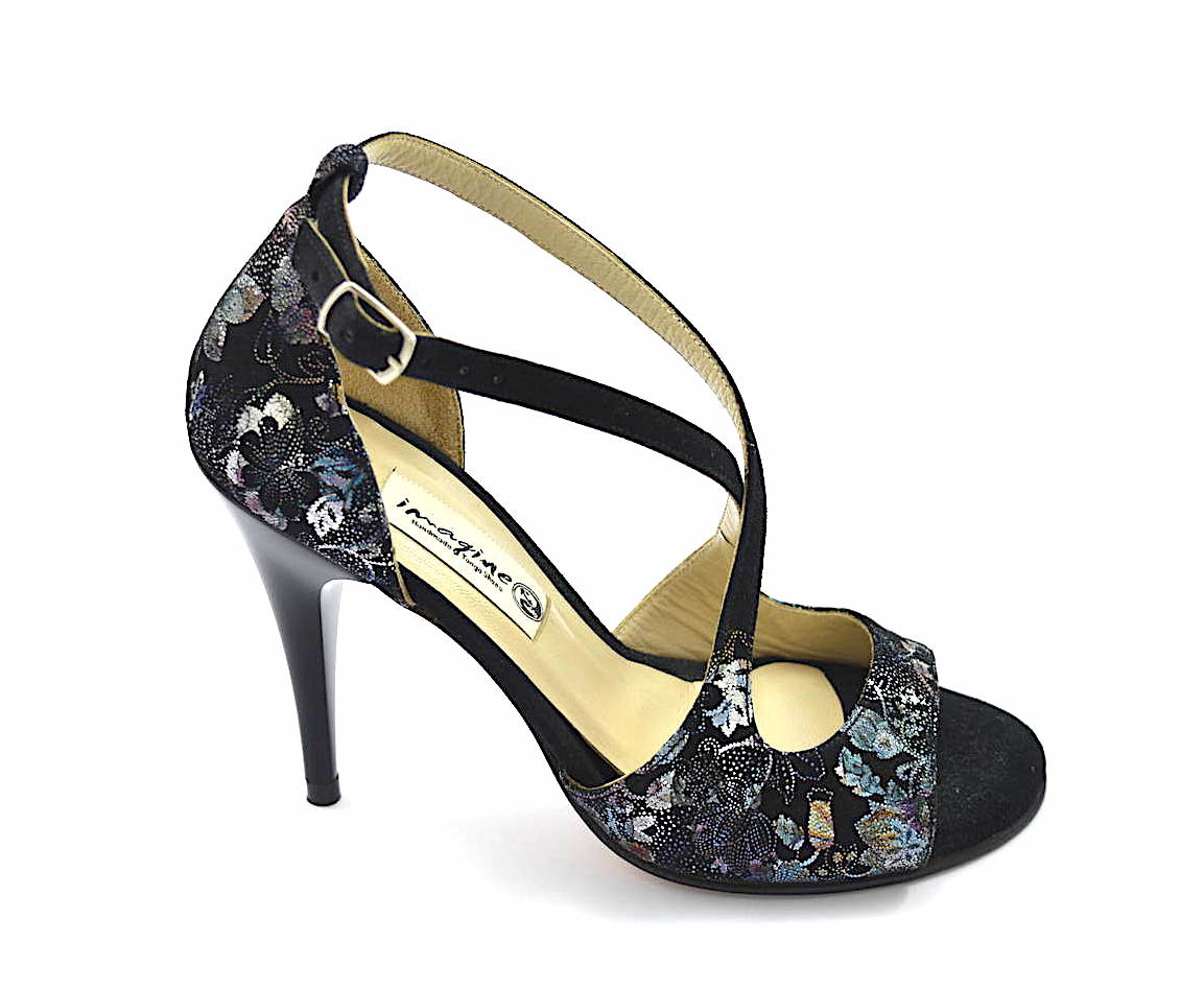Women's Tango Shoe, open toe style, with floral black suede and black suecde leather