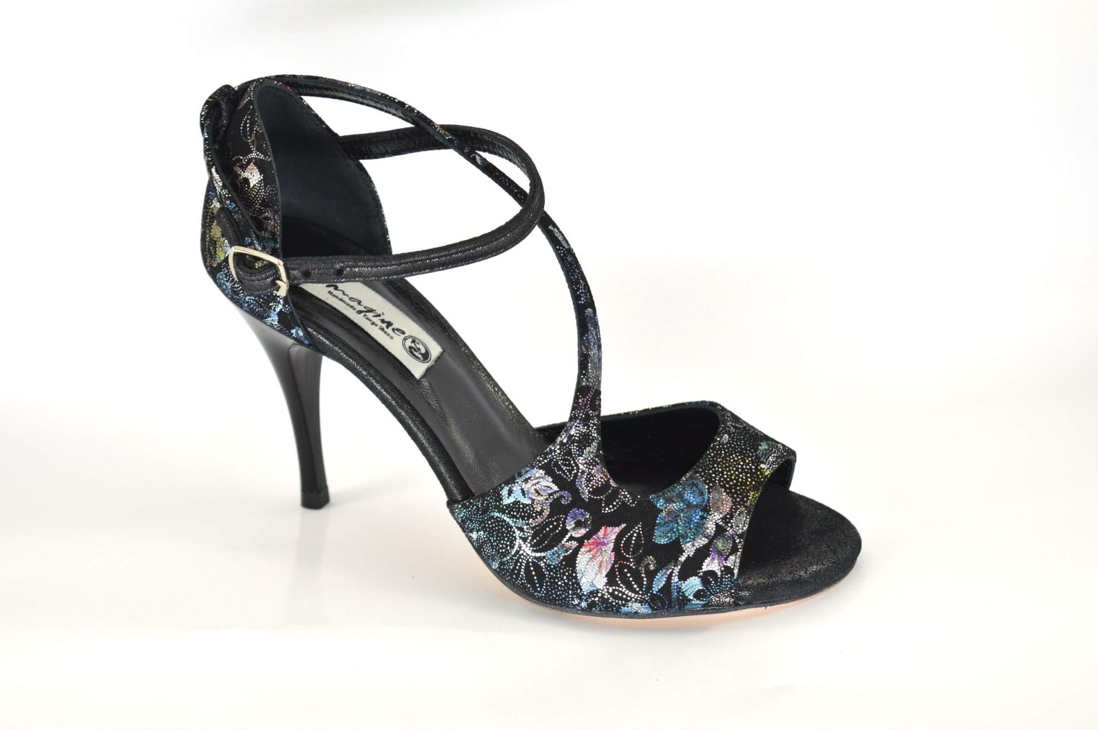 Women's Tango Shoe, open toe style, with floral black suede and black suede leather