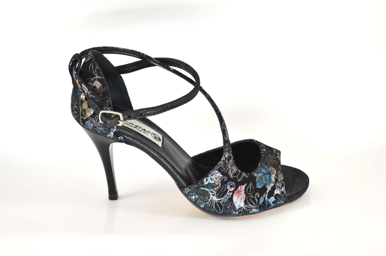 Women's Tango Shoe, open toe style, with floral black suede and black suede leather