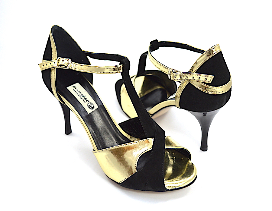 Γυναικείο παπούτσι tango peep toe από χρυσό δέρμα και μαύρο σουέτ δέρμα
