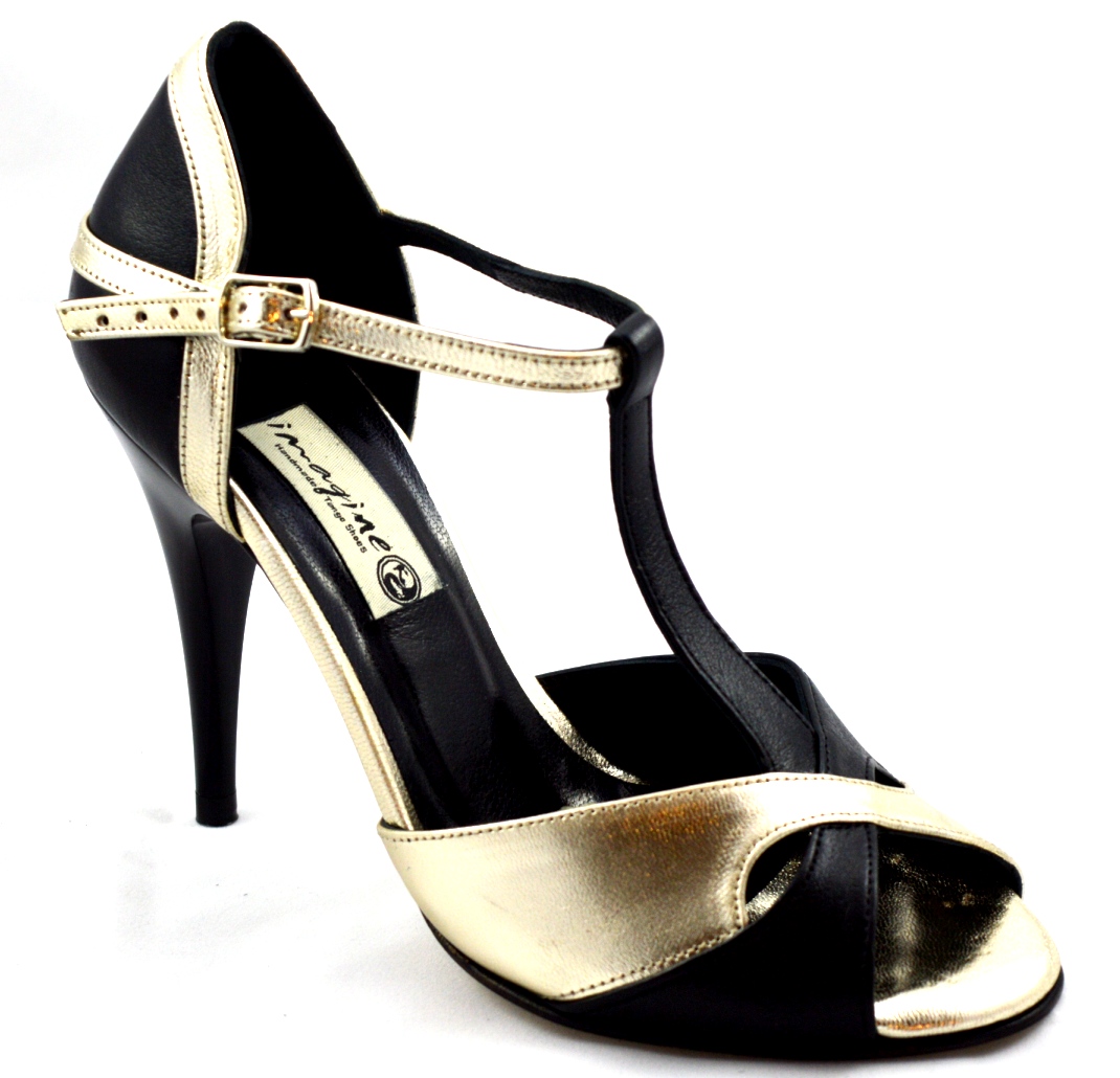 Γυναικείο παπούτσι tango peep toe από χρυσό δέρμα και μαύρο σουέτ δέρμα