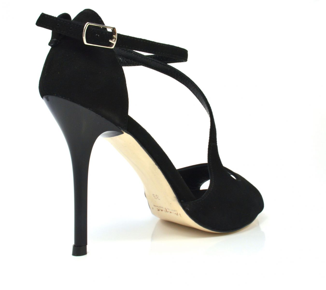 Women's argentine tango dance shoes, open toe in black suede leather