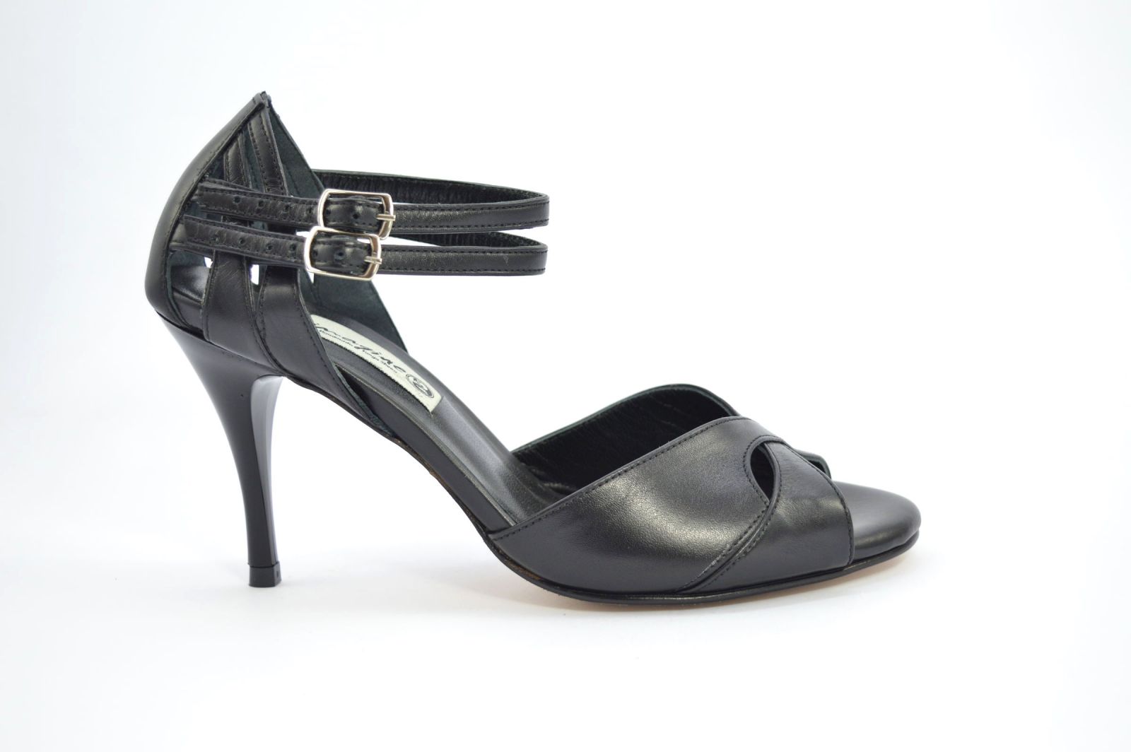 Women Argentine Tango Dance Shoes, peep toe style, in black soft leather