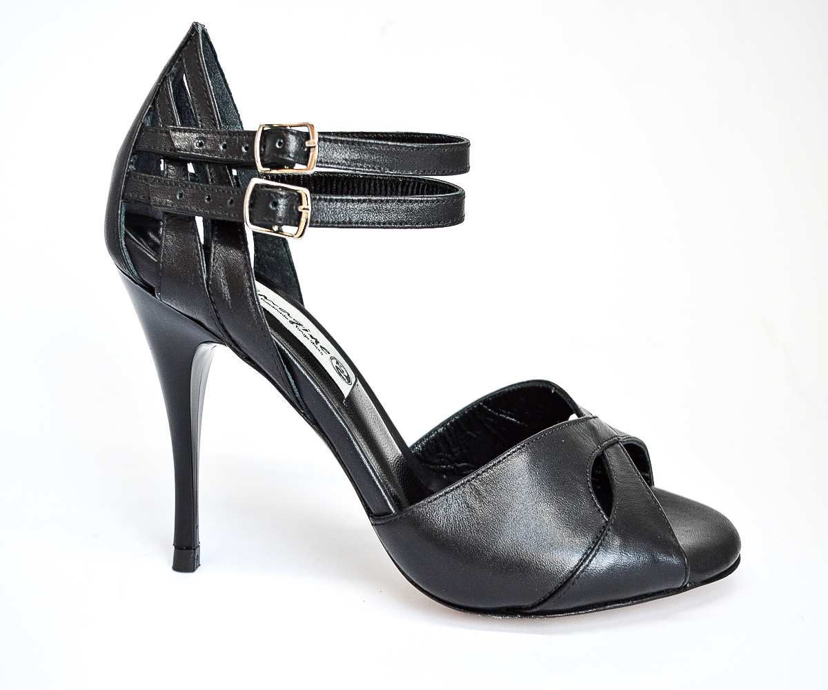 Women Argentine Tango Dance Shoes, peep toe style, in black soft leather