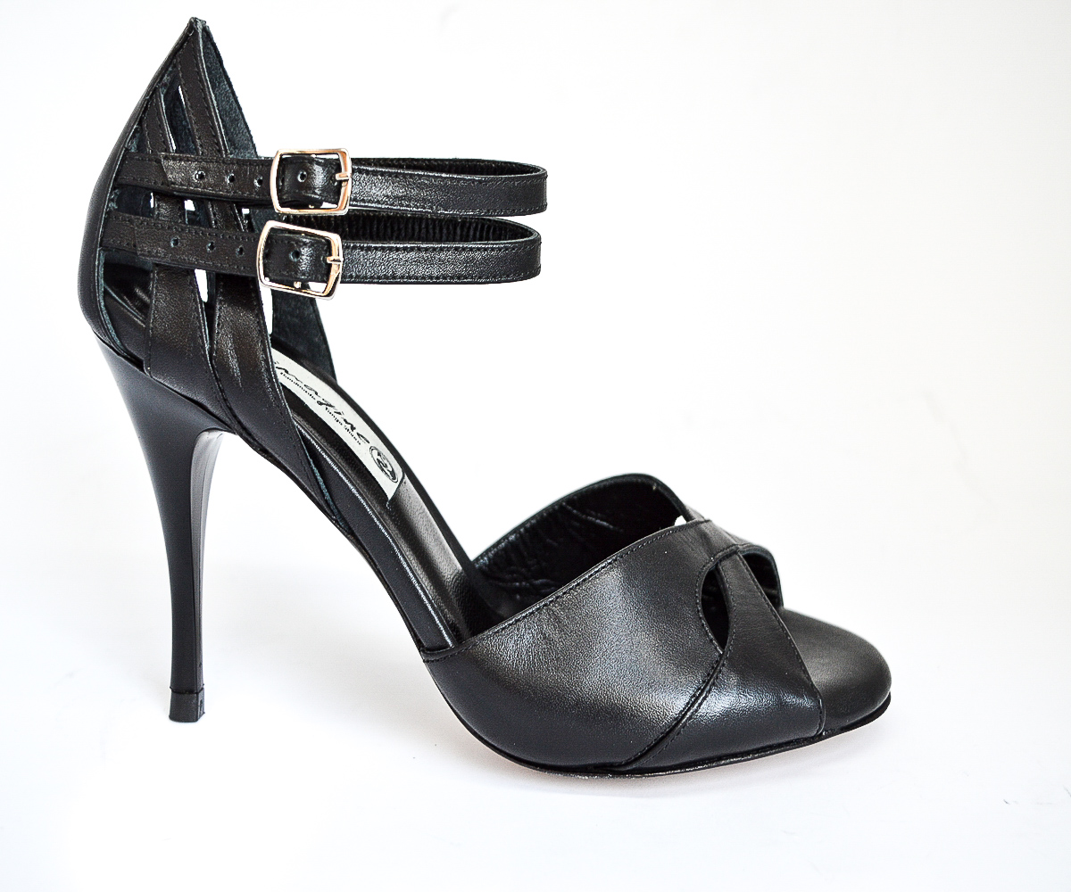 Women Argentine Tango Dance Shoes, peep toe style, in black soft leather