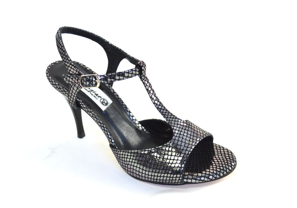 Women's Tango Shoe, open heel style, in black-platinum snake leather