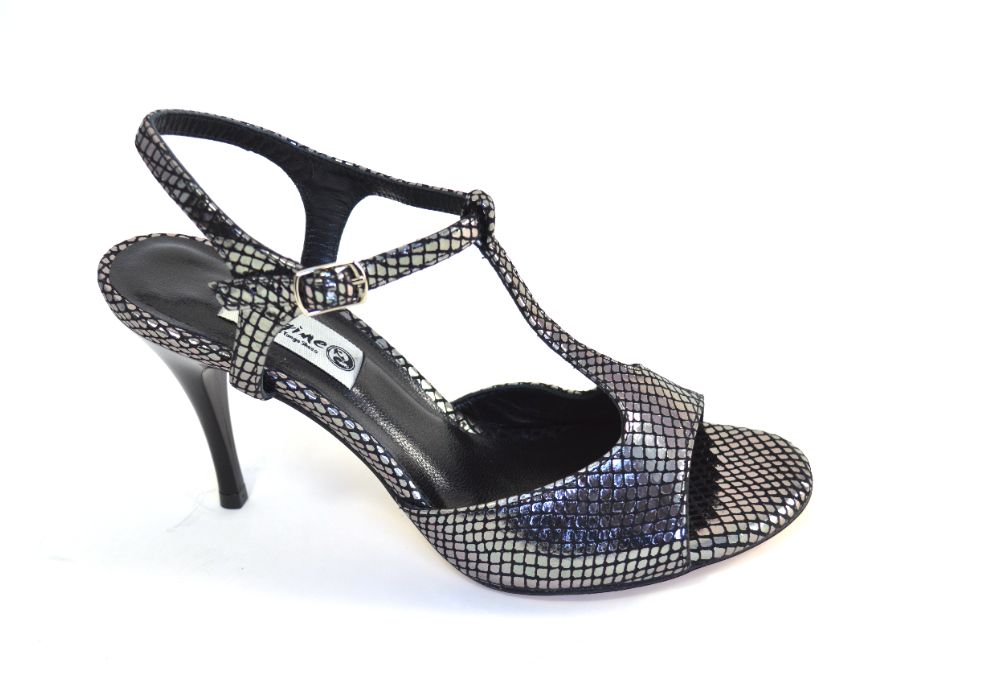 Women's Tango Shoe, open heel style, in black-platinum snake leather