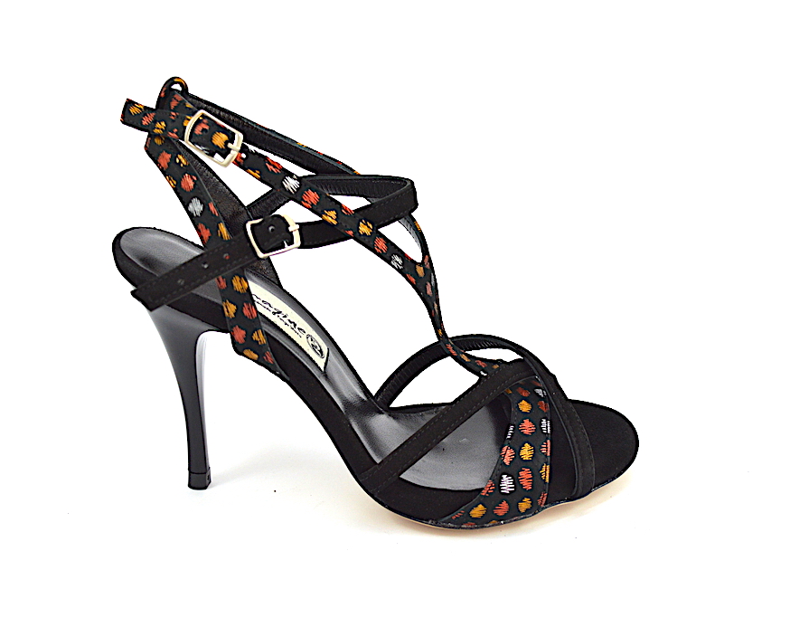 Women's Argentine Tango Shoe, slingback, in black suede leather with polka dots design