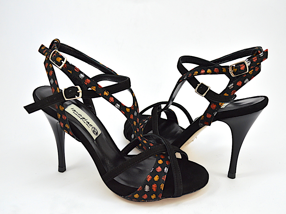 Women's Argentine Tango Shoe, slingback, in black suede leather with polka dots design