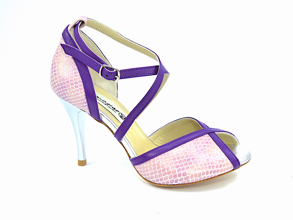 Γυναικείο παπούτσι tango peep toe από ροζ φίδι και μωβ δέρμα