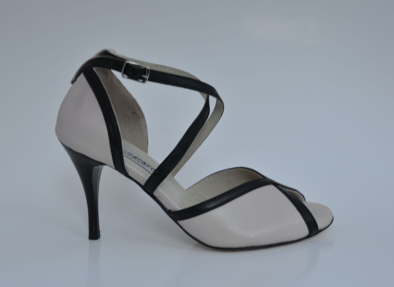 Women's Tango Shoe, peep toe style, in beige leather and  black leather