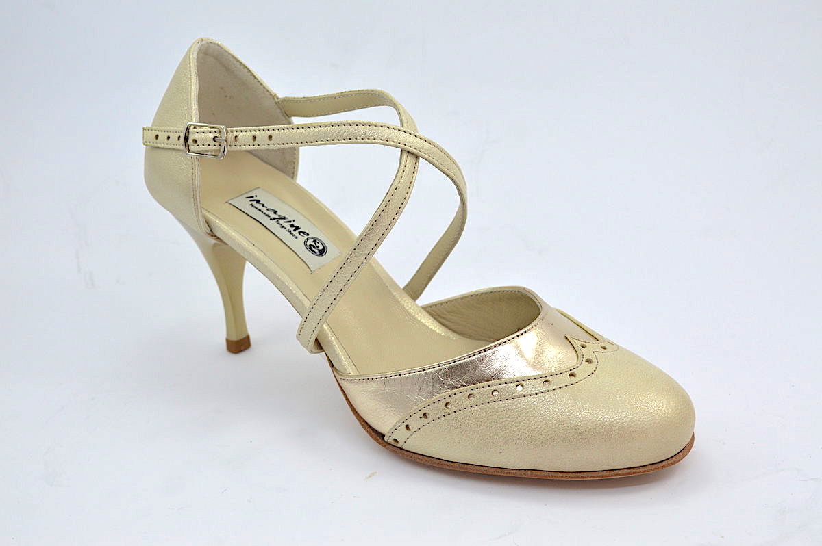 Women Tango Dance Shoes, closed toe style, in combination of gold leather and gold pearlized leather