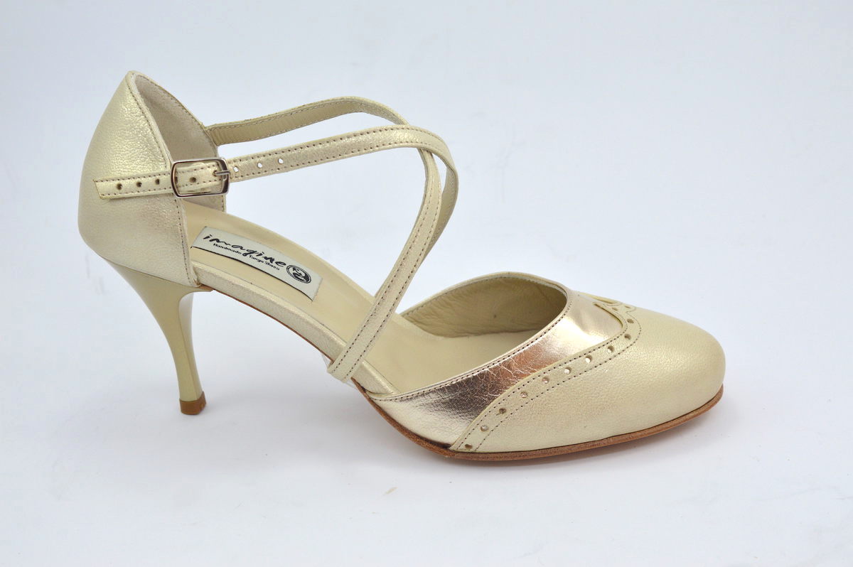 Women Tango Dance Shoes, closed toe style, in combination of gold leather and gold pearlized leather