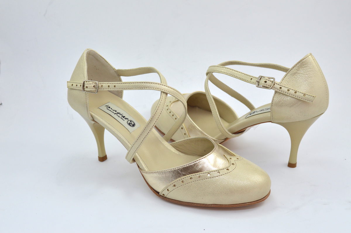 Women Tango Dance Shoes, closed toe style, in combination of gold leather and gold pearlized leather