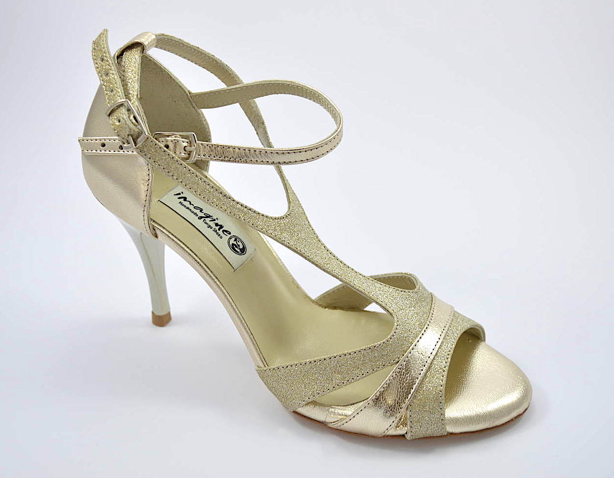 Women Argentine Tango Shoe, in light gold soft leather and light gold glitter leather